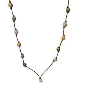 Handmade Boho Leather Beaded Necklace Multicolor Wooden Beads Earthy Jewelry